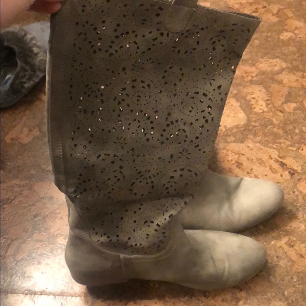 Gray calf height flat boots
